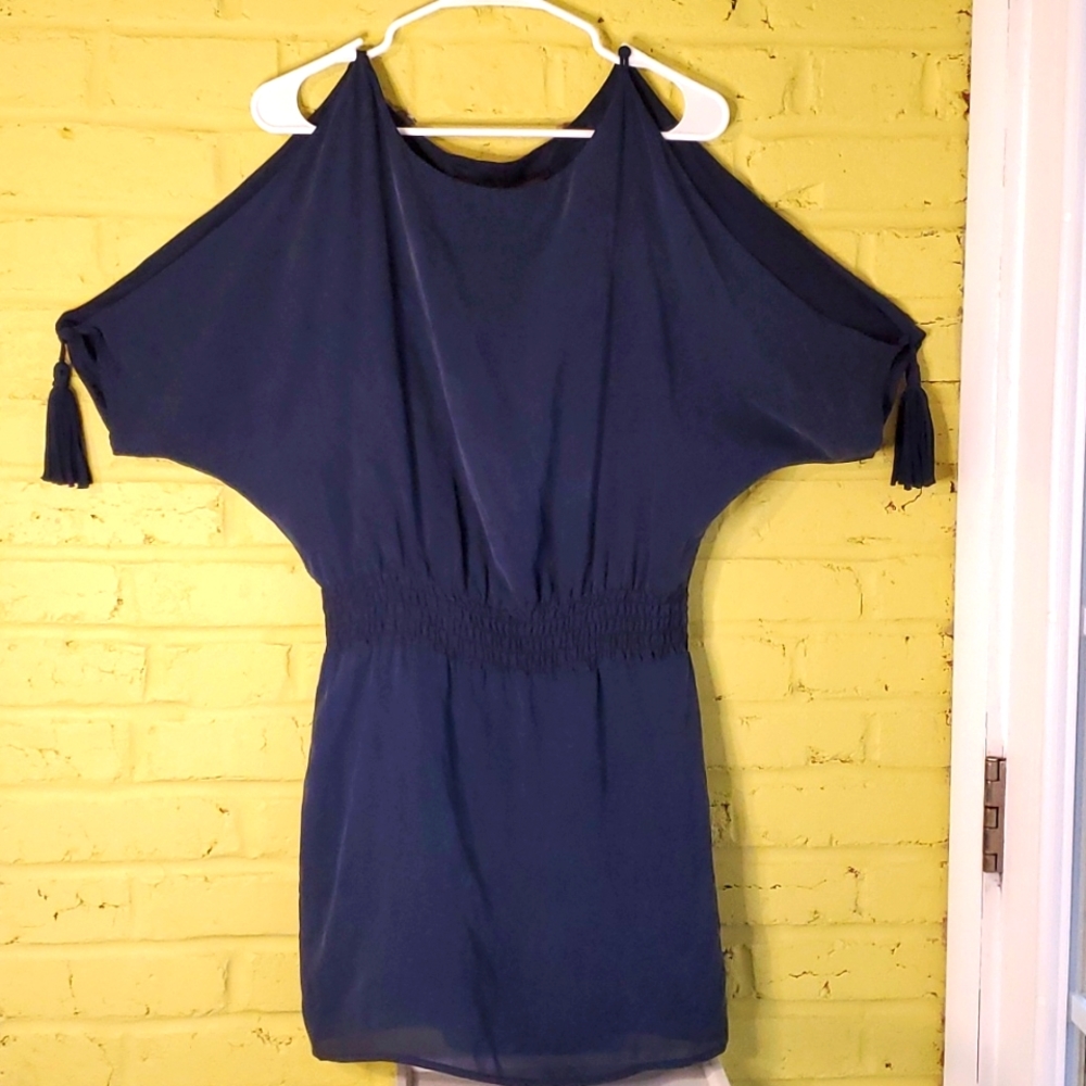 LeyenDecker for Anthropologie Blue Open Shoulder Tassel Dress